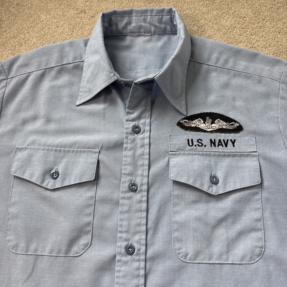 US Navy Submarine Service Chambray Blue S/S Utility Work Shirt Sz L 90s - Picture 9 of 10